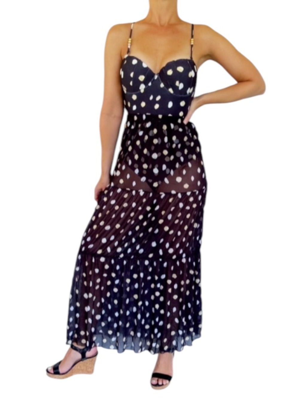 Black and white polka dot print one piece bathing suit coverup skirt set medium